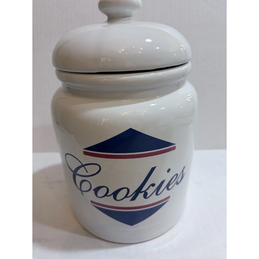 Badcock 89th Anniversary Ceramic Cookie Jar w/ Lid Handle, White Blue Red
